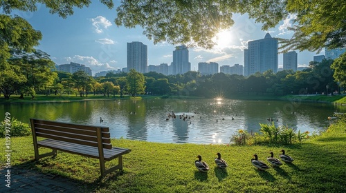 Peaceful Urban Park Scene Wooden Bench by Sunny Pond with Ducks and City Skyline