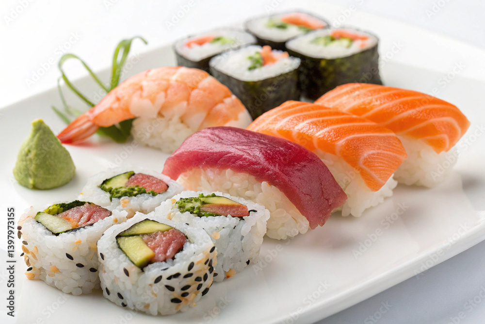 Neatly arranged sushi platter featuring fresh salmon, avocado, and cucumber on white ceramic plate. Neatly arranged sushi platter featuring fresh salmon, avocado, and cucumber on white ceramic plate.