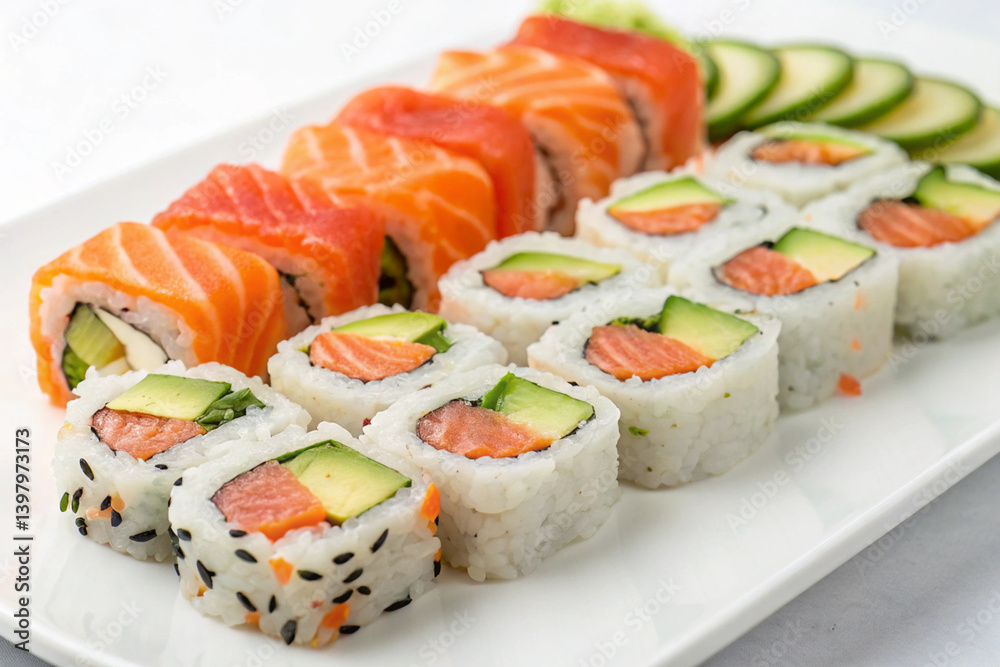 Vibrant sushi rolls with salmon, avocado, and cucumber on a white plate, perfect for Japanese cuisine lovers. Vibrant sushi rolls with salmon, avocado, and cucumber on a white plate, perfect for Japanese cuisine lovers.