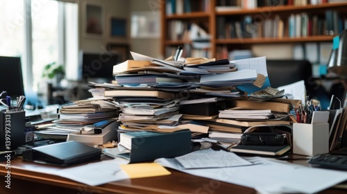 Overwhelmed Workspace A Pile of Documents and Books on a Cluttered Desk