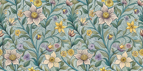 Vibrant floral pattern featuring various flowers and intricate foliage.