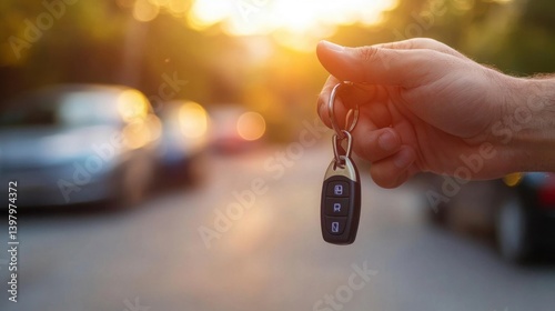 Hand Holding Car Keys at Sunset with Blurred Background