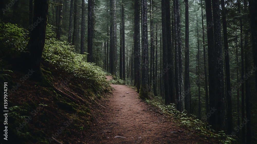 Naklejka premium A narrow path leads hikers through a quiet, dense forest surrounded by towering trees and rich greenery.