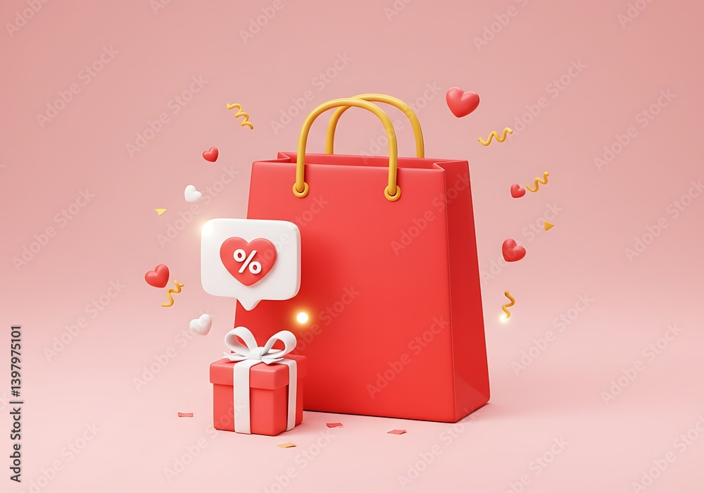 Red Shopping Bag with Discount Offer and Gift Box, Perfect for Valentine's Day Sales