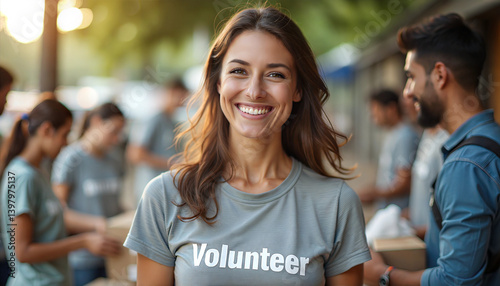 Smiling volunteer supporting community service outdoors  