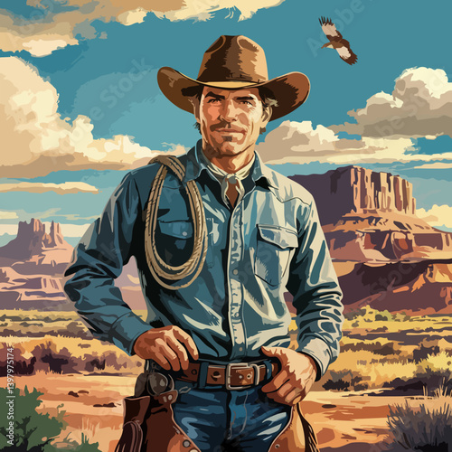 "Vintage Western Cowboy on Horseback – Classic Rodeo Sketch with Lasso and Hat in Rustic Style"

