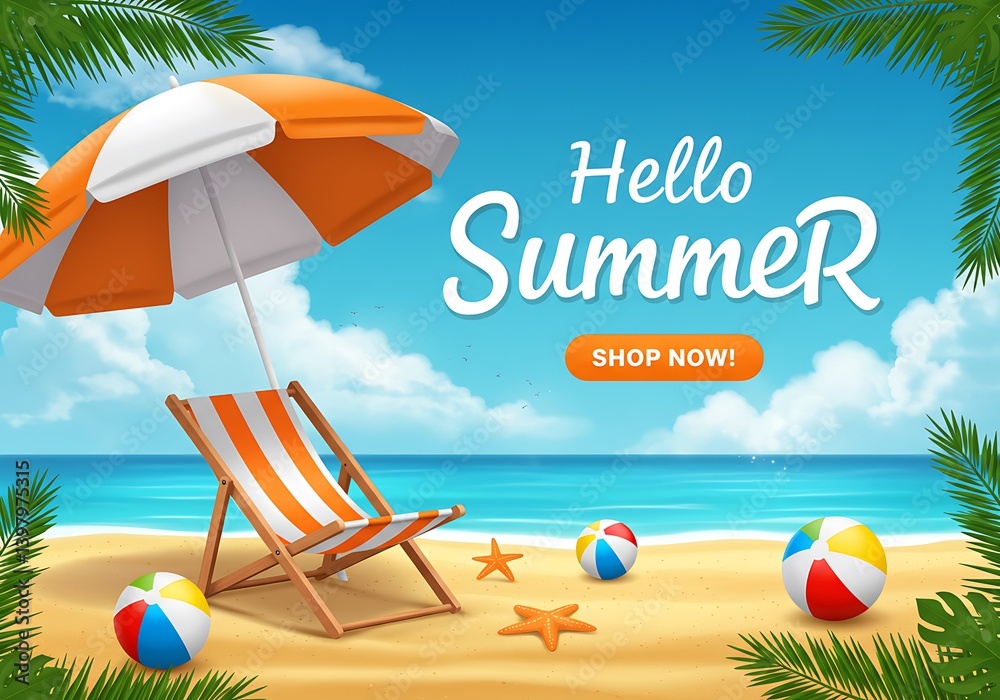 Summer Beach Scene with Chair Umbrella and Toys