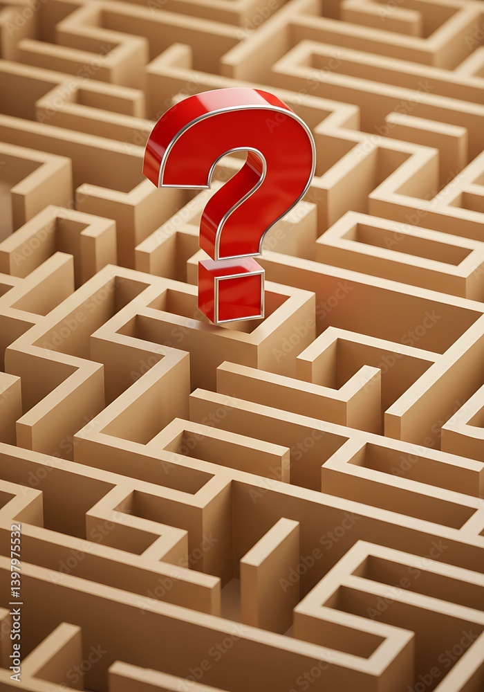 A Red Question Mark in a Complex Maze Represents Uncertainty and Challenges