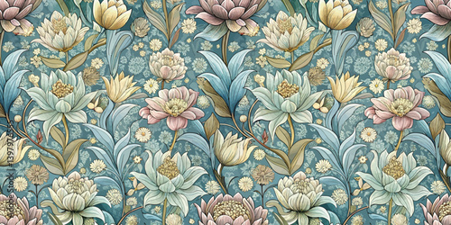 Vibrant floral pattern featuring pastel-colored flowers and lush greenery.