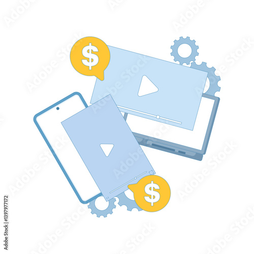 Video monetization concept. Paid video content and distribution via subscription platforms for monetization, including streaming, licensing, access control, and media sales. Flat illustration.