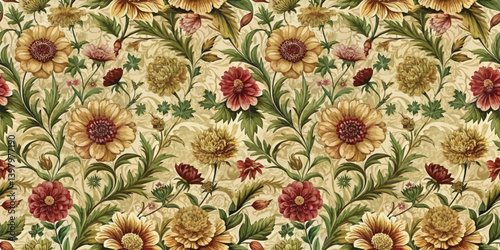 Vibrant vintage floral pattern featuring various flowers in warm hues.