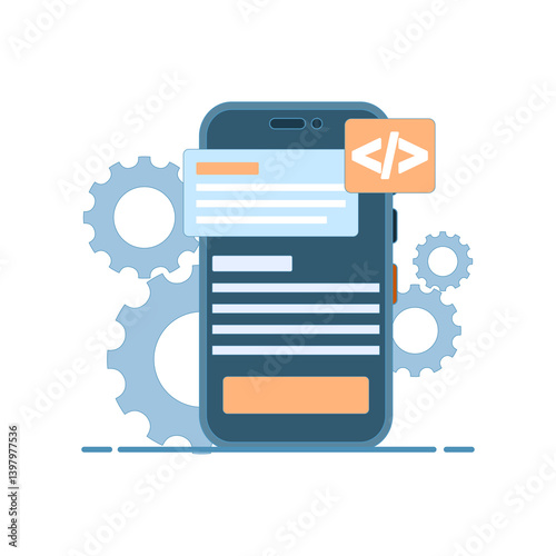 Concept of building mobile applications, collaboration of developers and programmers around a smartphone. Handheld mobile application development. Flat style design illustration in the background.