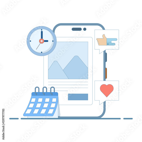 Social media schedule concept posted. Social media on smartphone screen showing feedback like hearts. Social media content auto scheduler software, marketing automation, Design illustration.