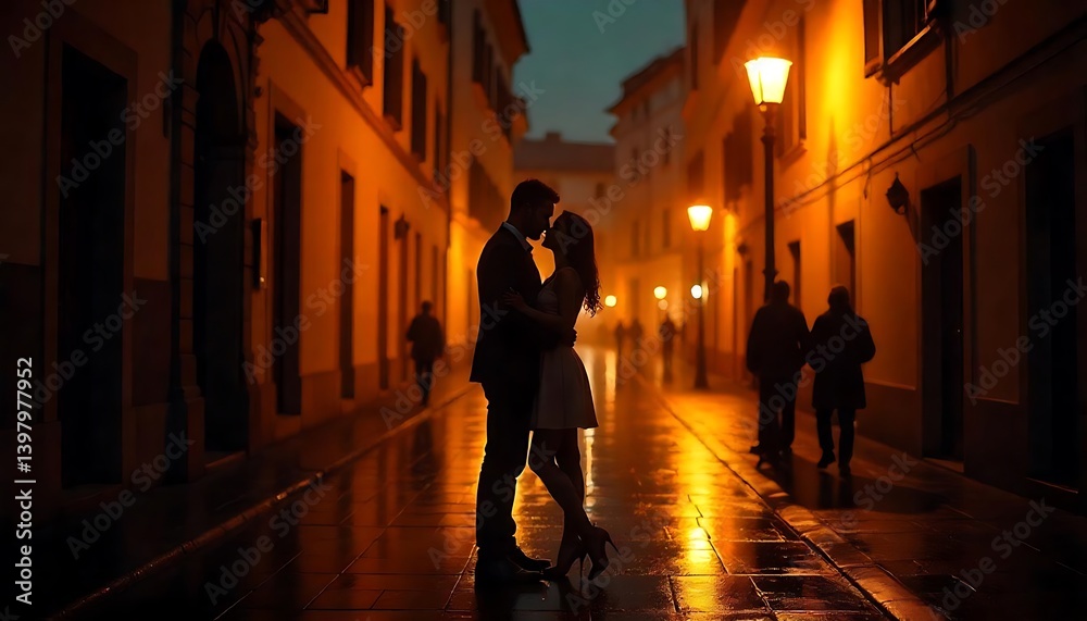 A loving couple sharing a tender embrace in a romantic night street scene. A loving couple sharing a tender embrace in a romantic night street scene.