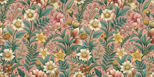 Vibrant floral pattern featuring various colorful flowers on a soft pink background.