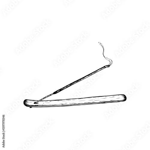 Incense stick on a wooden stand drawing illustration. Aromatherapy scented Spa stick sketch engraving style vector. Hand drawn line art clipart