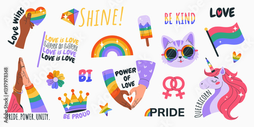 Happy Pride Month. LGBTIA stickers set. Isolated badges with signs, symbols, phrases, inclusive pride flags, hands, unicorn, rainbow, cat, crown. Isolated elements on white background. Vector clip art