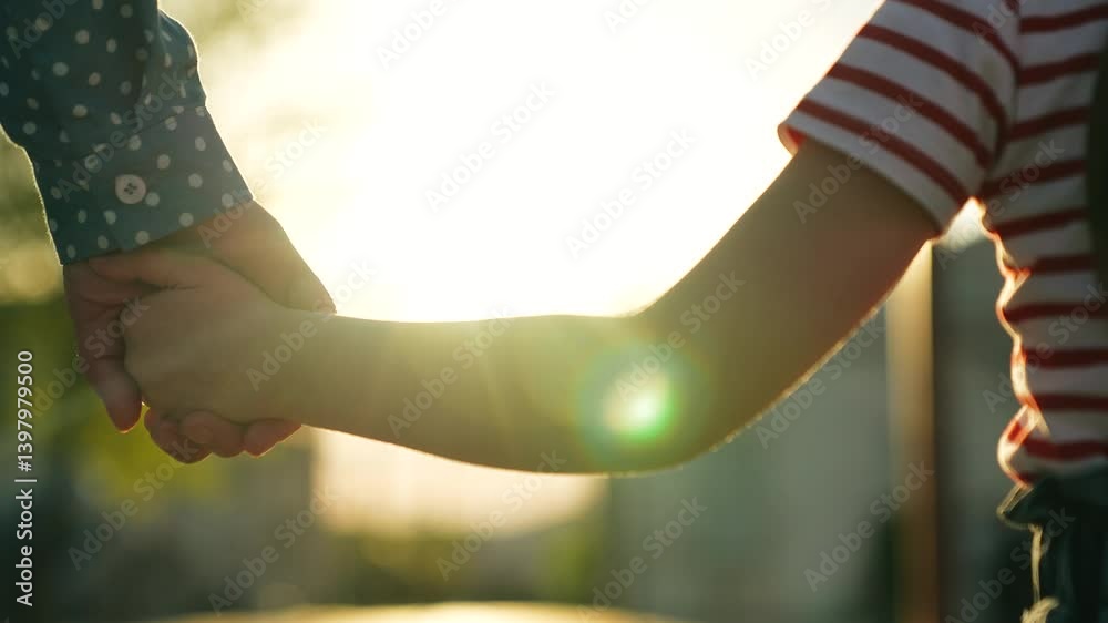 Happy family mother and daughter holding hands walking together at bright sun light summer park closeup. Little baby kid child and female parent arm enjoy outdoor weekend activity with love tenderness