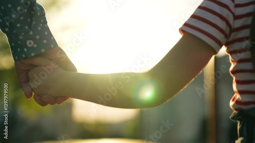 Happy family mother and daughter holding hands walking together at bright sun light summer park closeup. Little baby kid child and female parent arm enjoy outdoor weekend activity with love tenderness