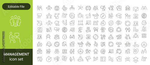 Operations management Editable Stroke icon collections. Containing production, logistics, supply chain, manufacturing, planning, inventory, strategy, customer satisfaction and cost icons.