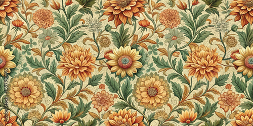 Vibrant floral pattern with sunflowers and greenery in warm tones.