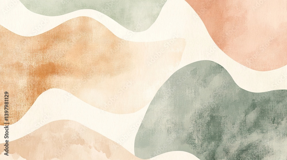 Obraz premium Abstract Pastel Watercolor Art with Flowing Shapes in Soft Peach, Green, and Beige Hues, Evoking a Calm and Serene Atmosphere