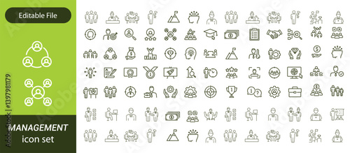 Operations management Editable Stroke icon collections. Containing production, logistics, supply chain, manufacturing, planning, inventory, strategy, customer satisfaction and cost icons.