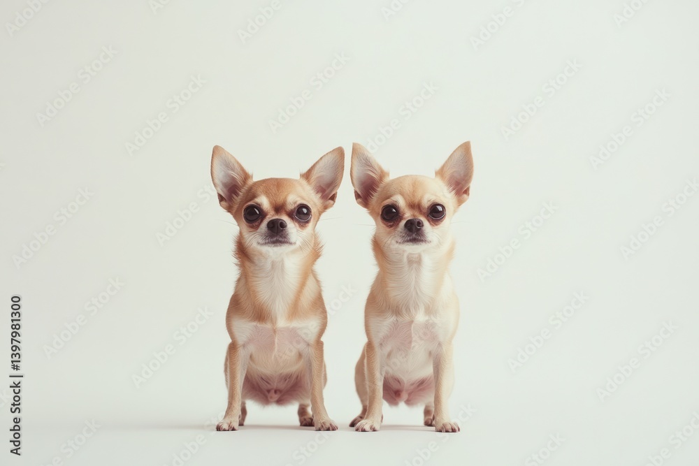Two small dogs sitting on a plain surface, looking forward, studio shot, pet adoption Two small dogs sitting on a plain surface, looking forward, studio shot, pet adoption