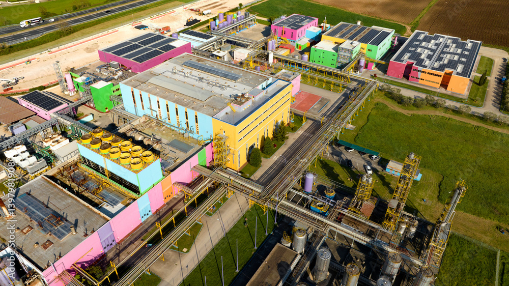 Aerial view of a large colorful factory. The warehouses have walls of different colors.