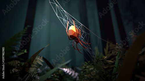 Colorful spider in a web among foliage