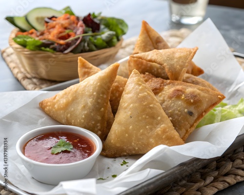Golden fried samosas with a flaky crust are served on a tray with dipping sauce and a fresh side salad.