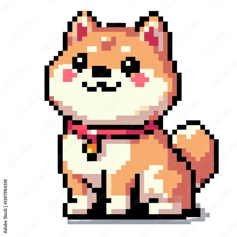 Fototapeta premium A pixel art Shiba Inu stands on a light background.