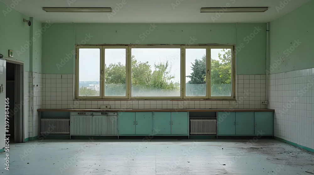 Fototapeta premium Empty Abandoned Kitchen With Pale Green Cabinets And Windows