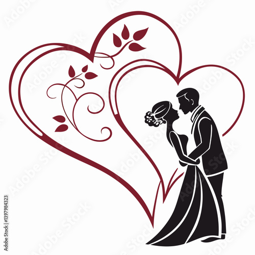 Elegant Romantic Wedding Couple Silhouette with Red Floral Hearts and Vines Vector Illustration