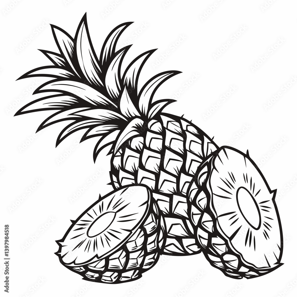 Fototapeta Black and White Pineapple Illustration Vector - Whole and Sliced Tropical Fruit Line Art
