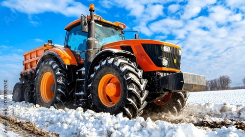 Bright orange tractor working on snowy field under a blue sky
