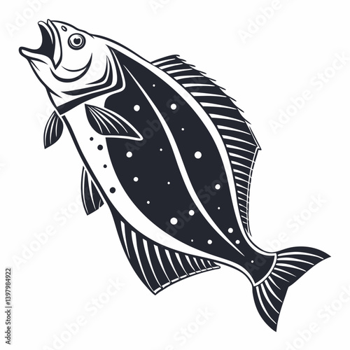 Vintage Black and White Flatfish Vector Seafood Image