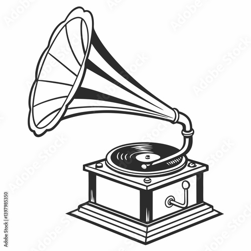 Vintage Style Gramophone Record Player Vector Black White Line Art