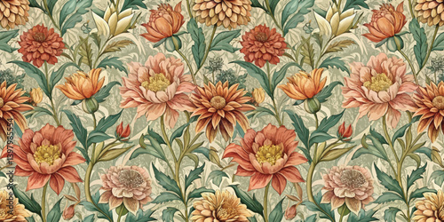 Vibrant floral pattern featuring various blooming flowers and lush greenery.