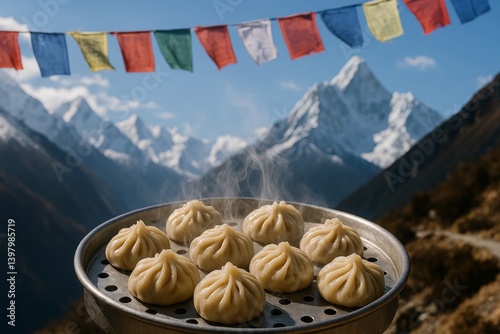 Steamed momos on tray in mountains under prayer flags