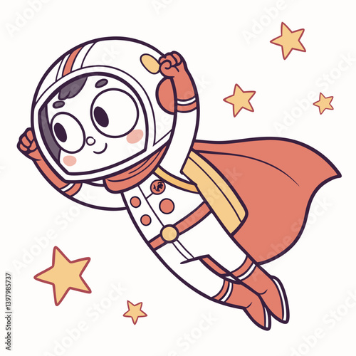 Adorable Cartoon Kid Astronaut Soaring with Cape Among Golden Stars Vector Clipart
