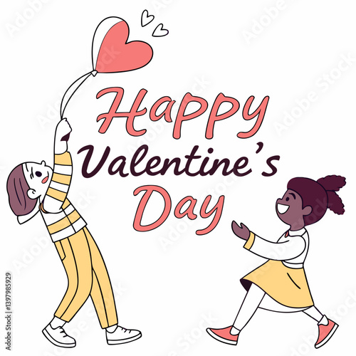 Valentine's Day Kids Heart Balloon Love Friendship Cute Cartoon Vector Illustration Greeting Cards