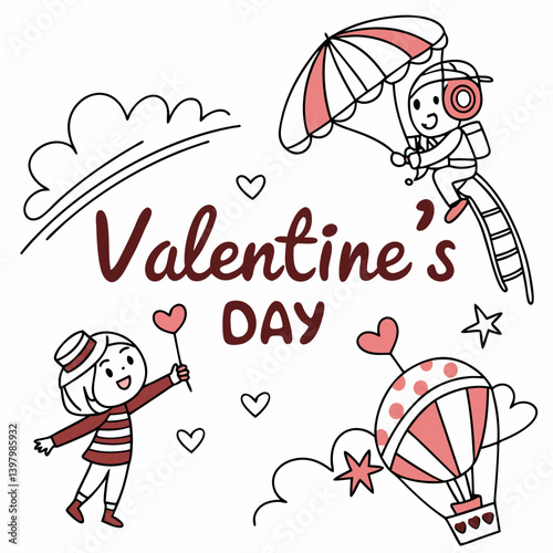 Cute Valentine's Day Cartoon Doodle Illustration of Children with Heart Balloons, Hot Air Balloon, Umbrella, Ladder for Kids Love Fun Playful Design