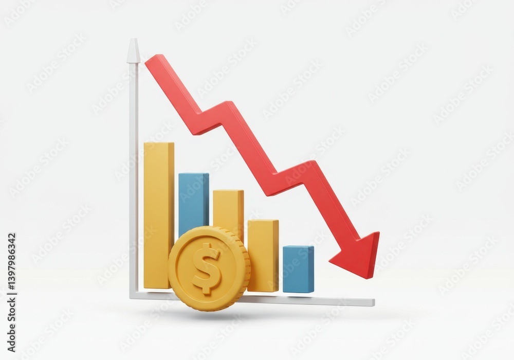 Falling chart with coin shows economic decline concept Falling chart with coin shows economic decline concept
