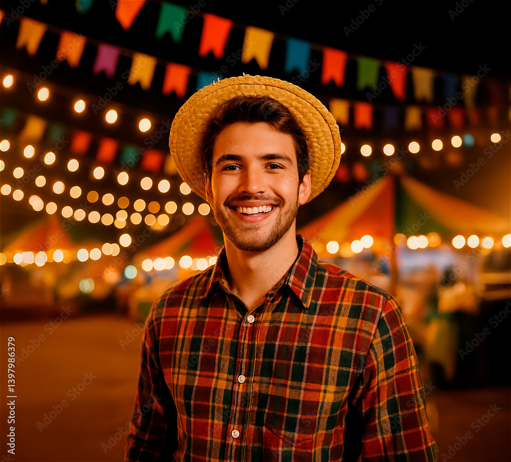 Fototapeta premium Smiling man in straw hat at night Festa Junina fair
