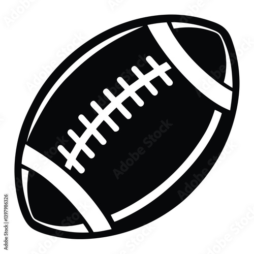 American Football Silhouette Black & White Sport Icon with Stitch Details, Oval Shape