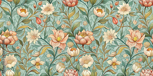 A vibrant floral pattern featuring pastel blooms and lush greenery.