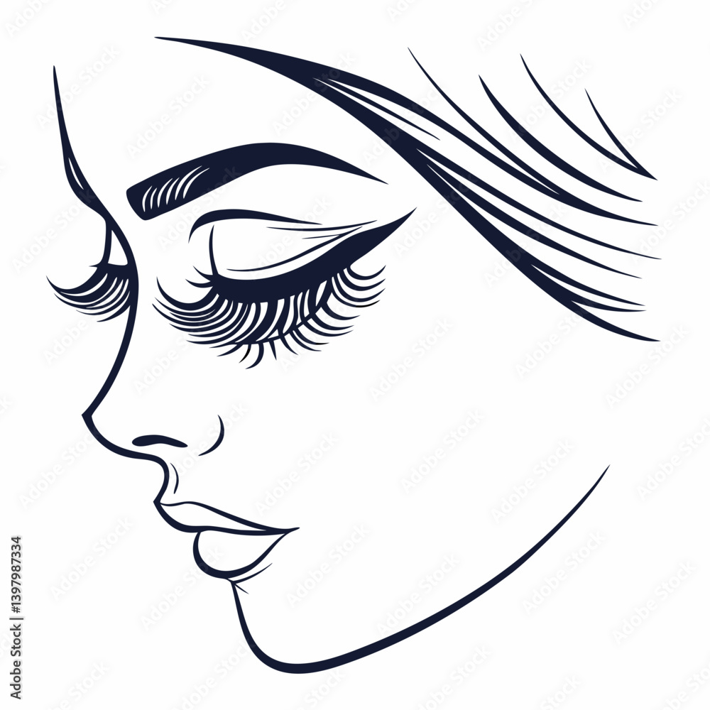 Elegant Woman Face Profile Line Art - Beauty Makeup Eyelashes Illustration Elegant Woman Face Profile Line Art - Beauty Makeup Eyelashes Illustration