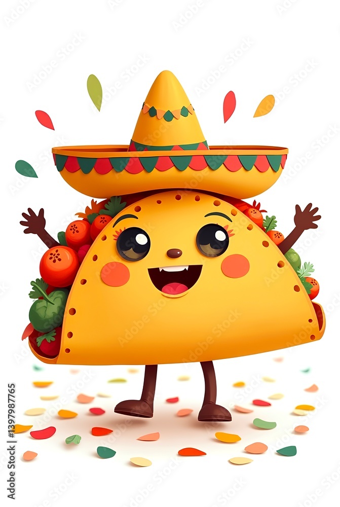 Fototapeta premium Cute cartoon taco character with arms and face wearing sombrero and surrounded by colorful confetti