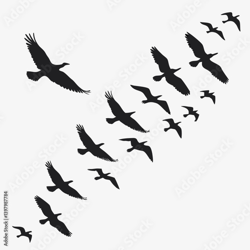 Black Silhouette Birds Flying in V Formation - Migrating Flock Vector Illustration Nature